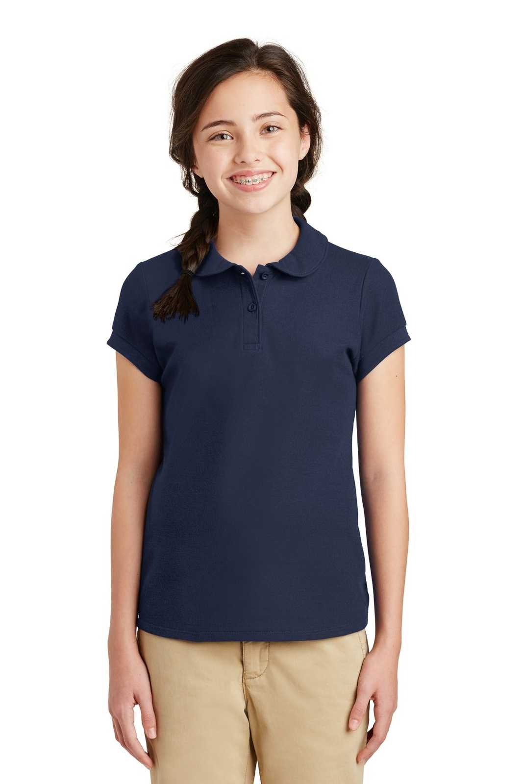 Port Authority YG503 Girls Silk Touch Peter Pan Collar Polo - Navy - HIT a Double - 1