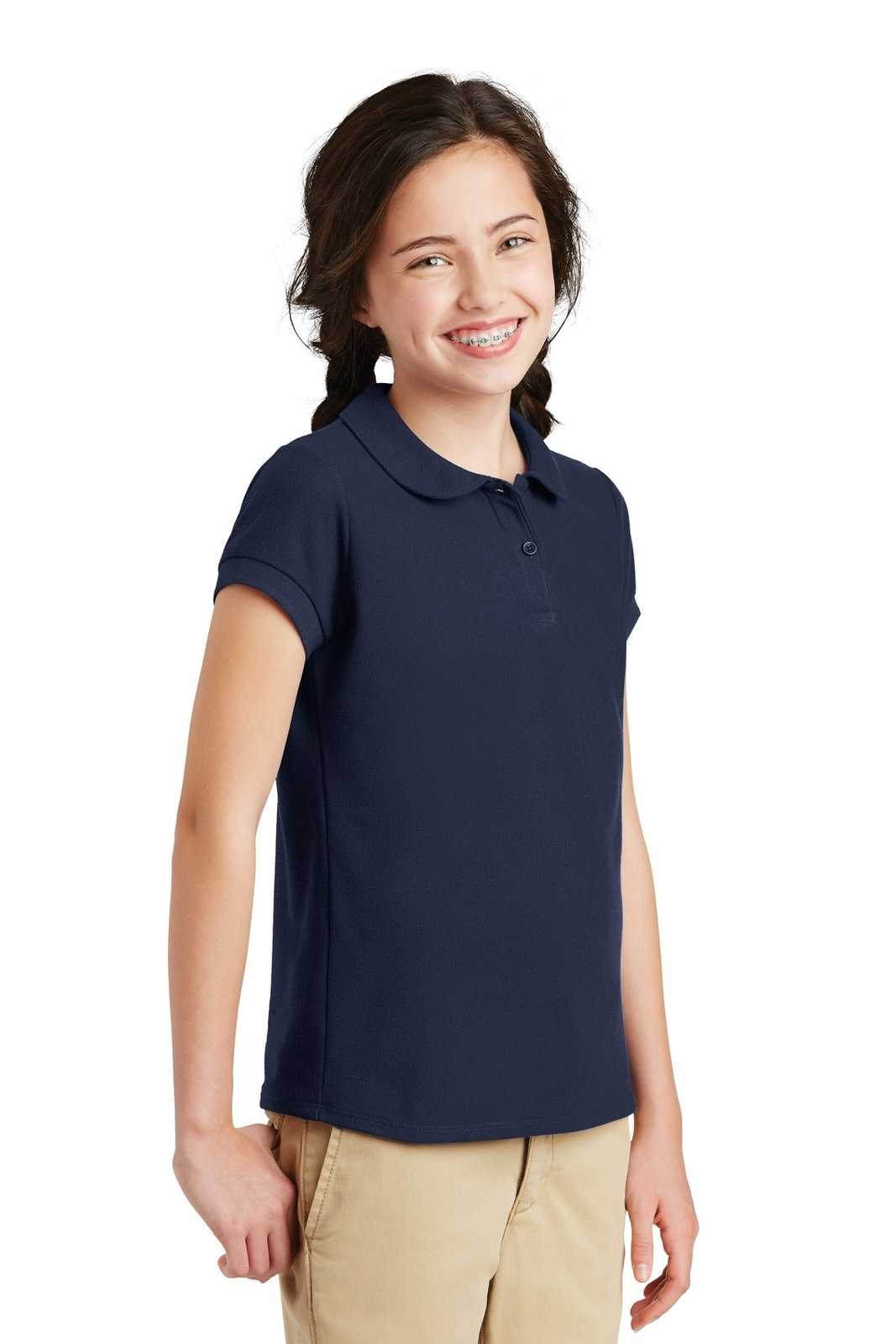 Port Authority YG503 Girls Silk Touch Peter Pan Collar Polo - Navy - HIT a Double - 4