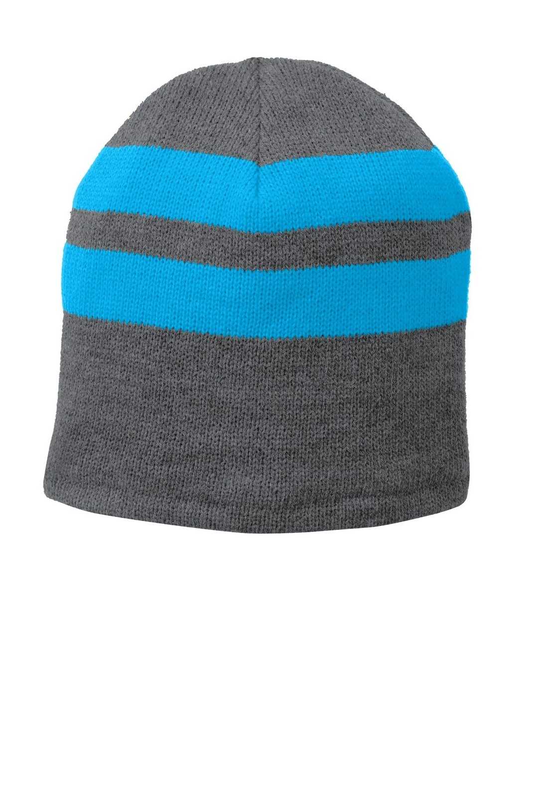 Port &amp; Company C922 Fleece-Lined Striped Beanie Cap - Athletic Oxford Neon Blue - HIT a Double - 1