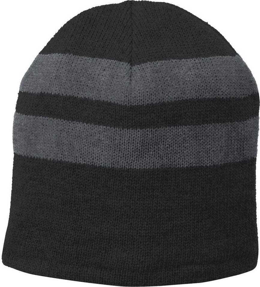Port &amp; Company C922 Fleece-Lined Striped Beanie Cap - Black Athletic Oxford - HIT a Double - 1