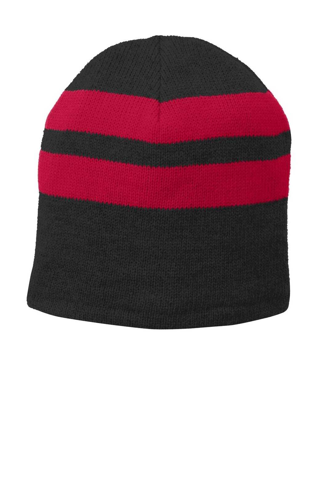 Port &amp; Company C922 Fleece-Lined Striped Beanie Cap - Black Athletic Red - HIT a Double - 1