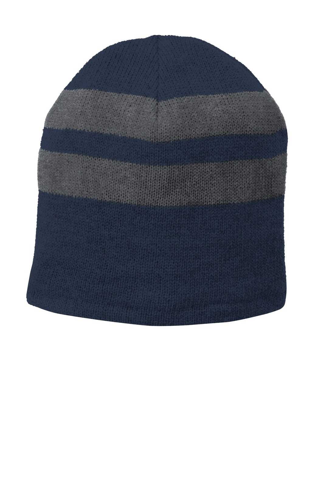 Port &amp; Company C922 Fleece-Lined Striped Beanie Cap - Navy Athletic Oxford - HIT a Double - 1