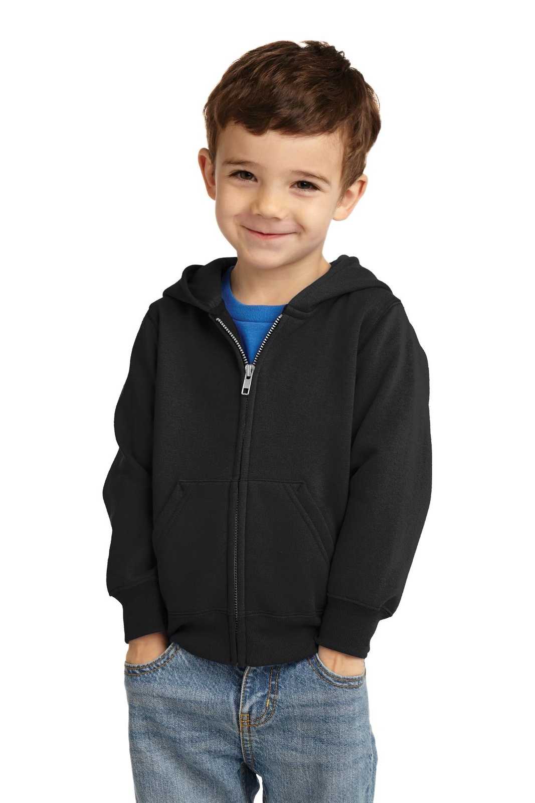 Port &amp; Company CAR78TZH Toddler Core Fleece Full-Zip Hooded Sweatshirt - Jet Black - HIT a Double - 1