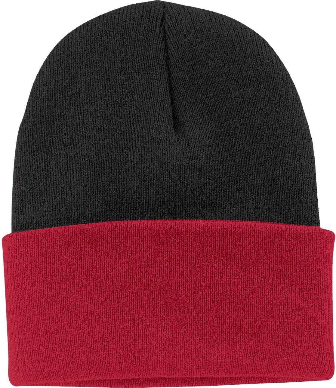 Port &amp; Company CP90 Knit Cap with Cuff - Black Athletic Red - HIT a Double - 1