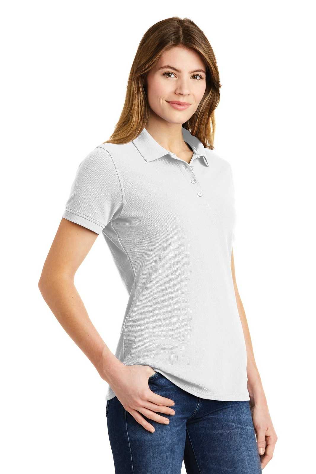 Port &amp; Company LKP1500 Ladies Combed Ring Spun Pique Polo - White - HIT a Double - 4