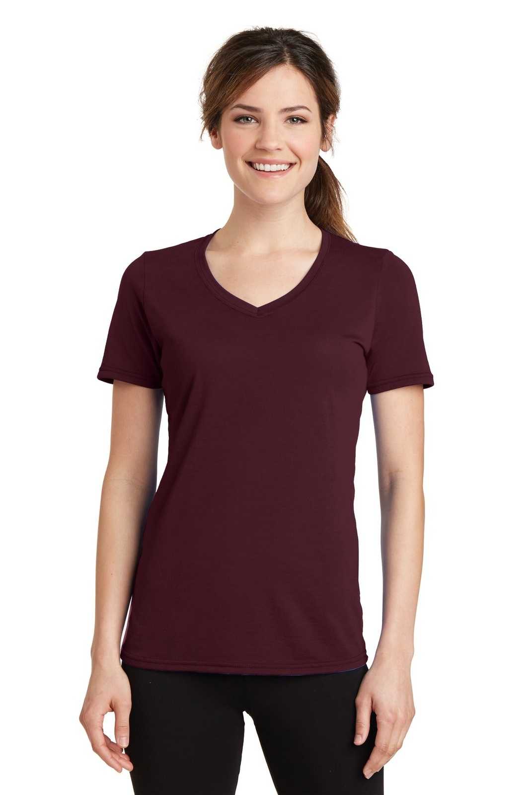 Port &amp; Company LPC381V Ladies Performance Blend V-Neck Tee - Athletic Maroon - HIT a Double - 1