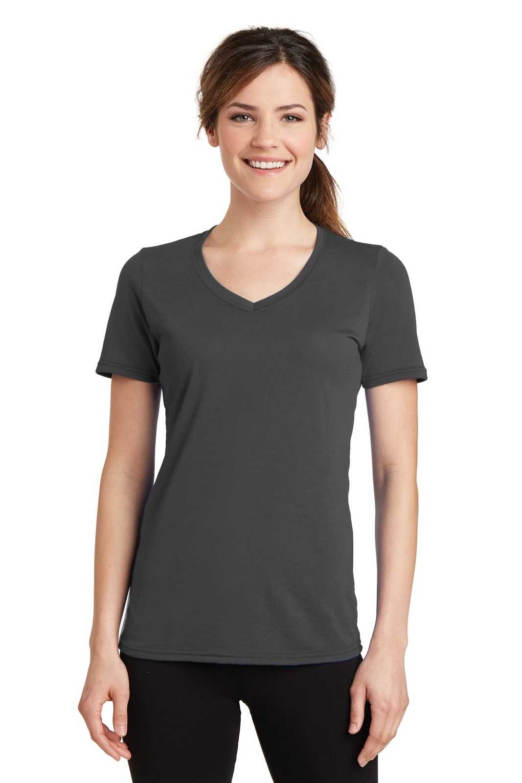 Port &amp; Company LPC381V Ladies Performance Blend V-Neck Tee - Charcoal - HIT a Double - 1