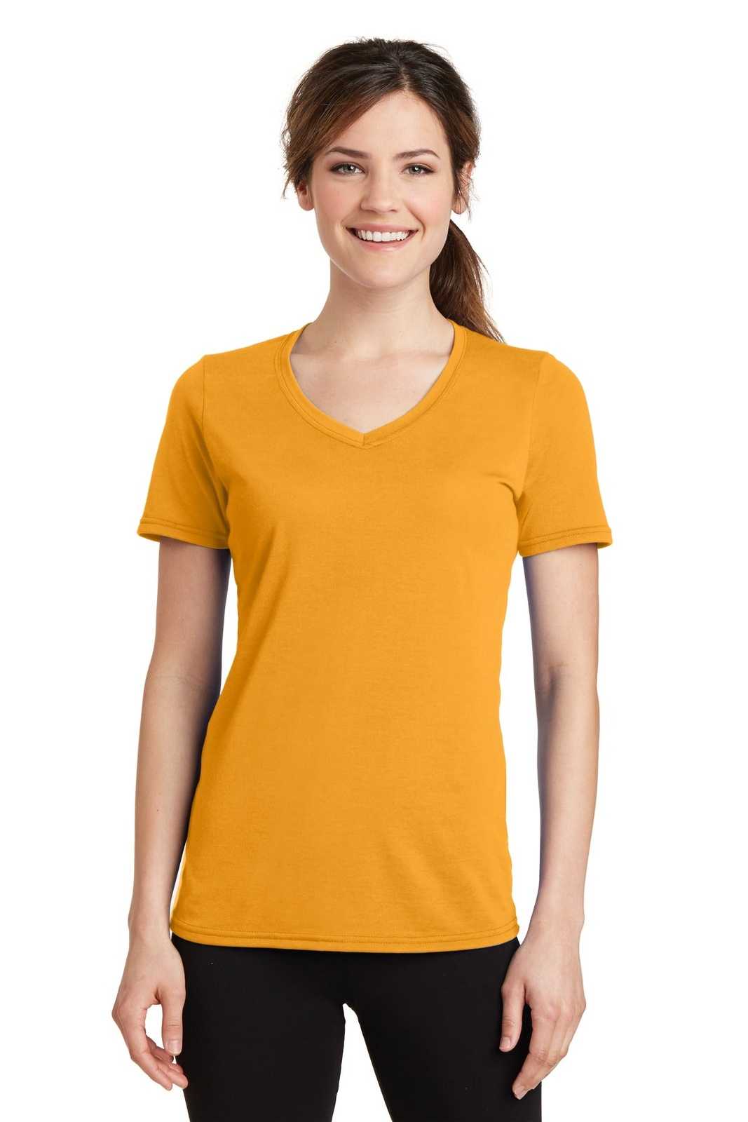 Port &amp; Company LPC381V Ladies Performance Blend V-Neck Tee - Gold - HIT a Double - 1