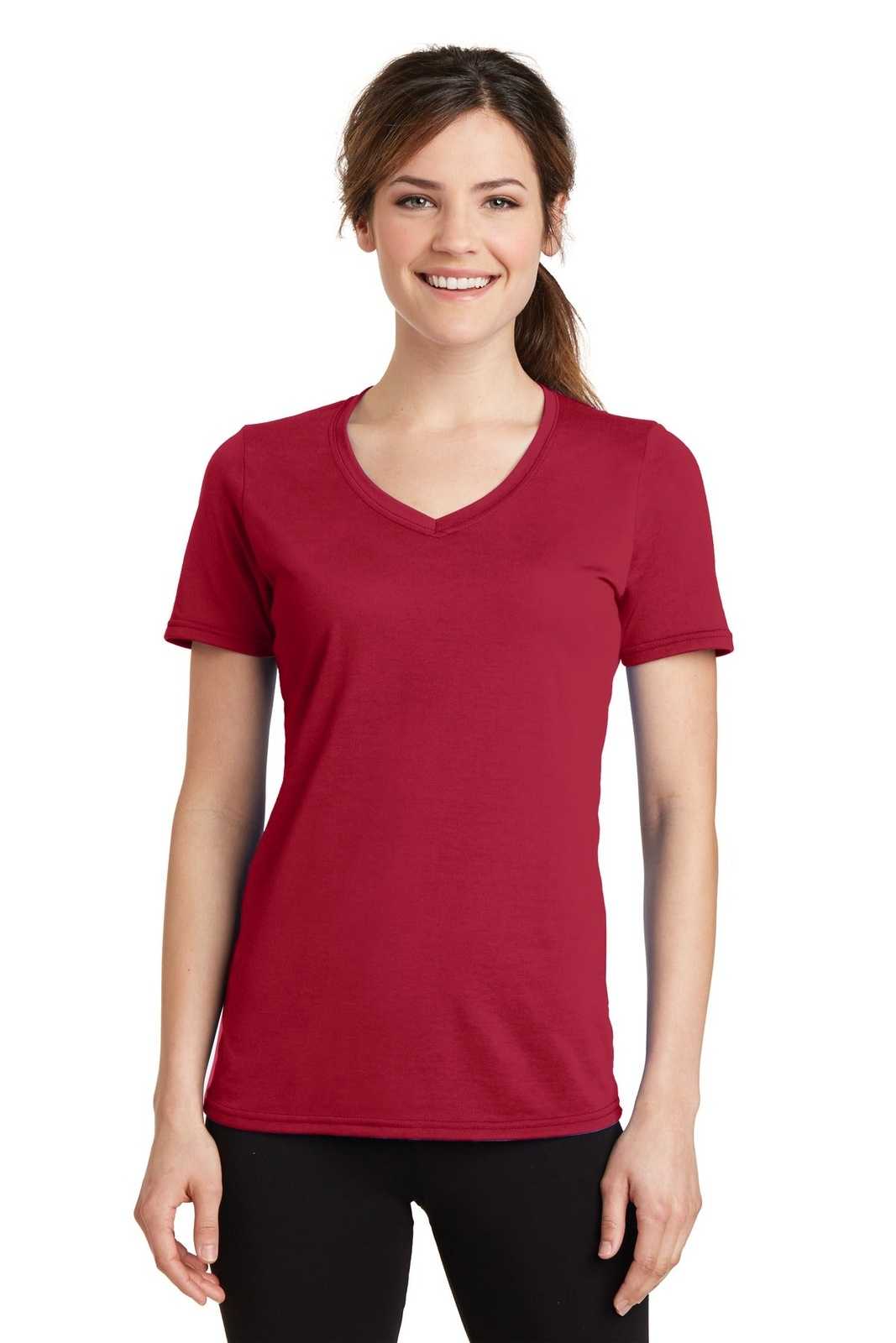 Port &amp; Company LPC381V Ladies Performance Blend V-Neck Tee - Red - HIT a Double - 1