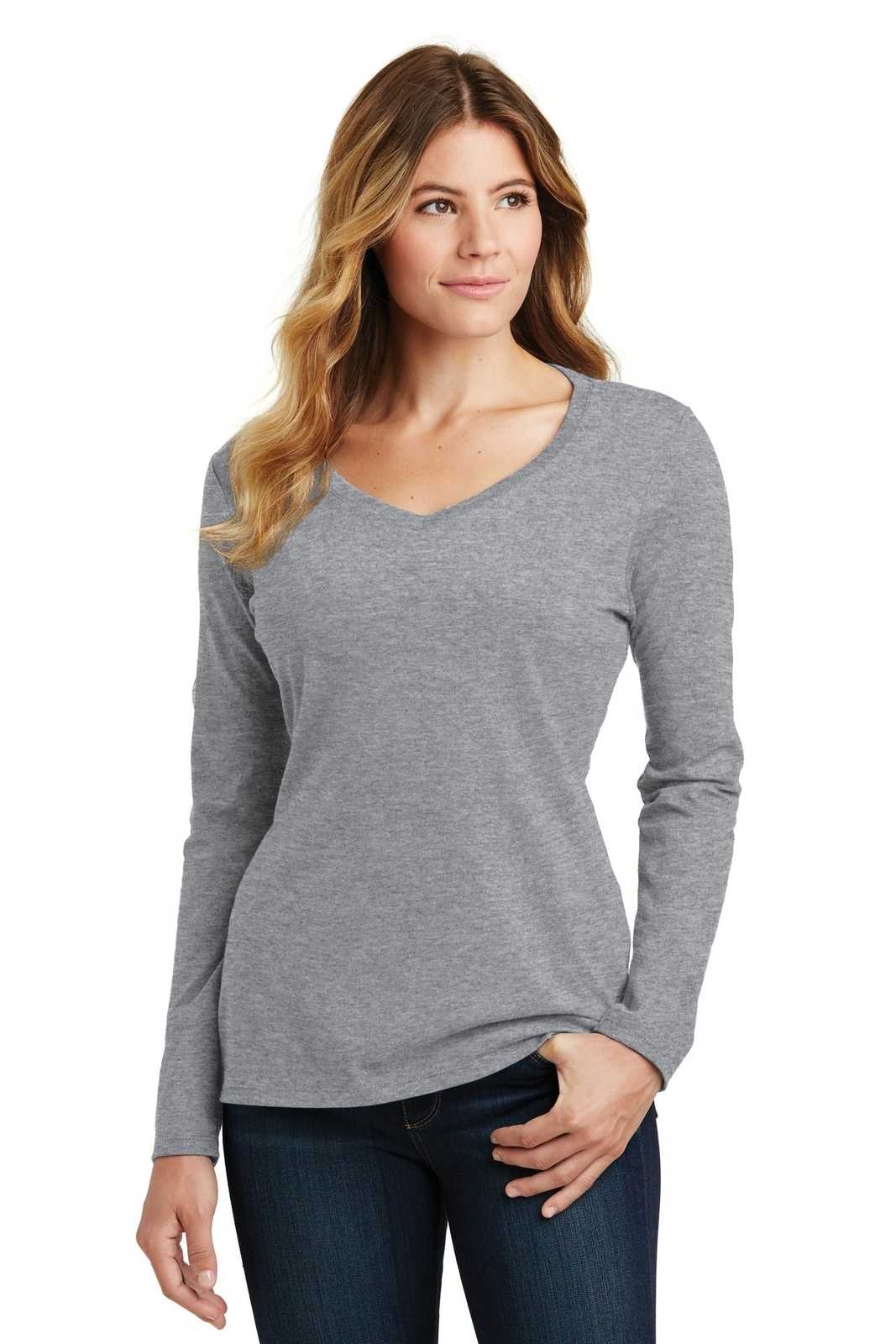 Port &amp; Company LPC450VLS Ladies Long Sleeve Fan Favorite V-Neck Tee - Athletic Heather - HIT a Double - 1