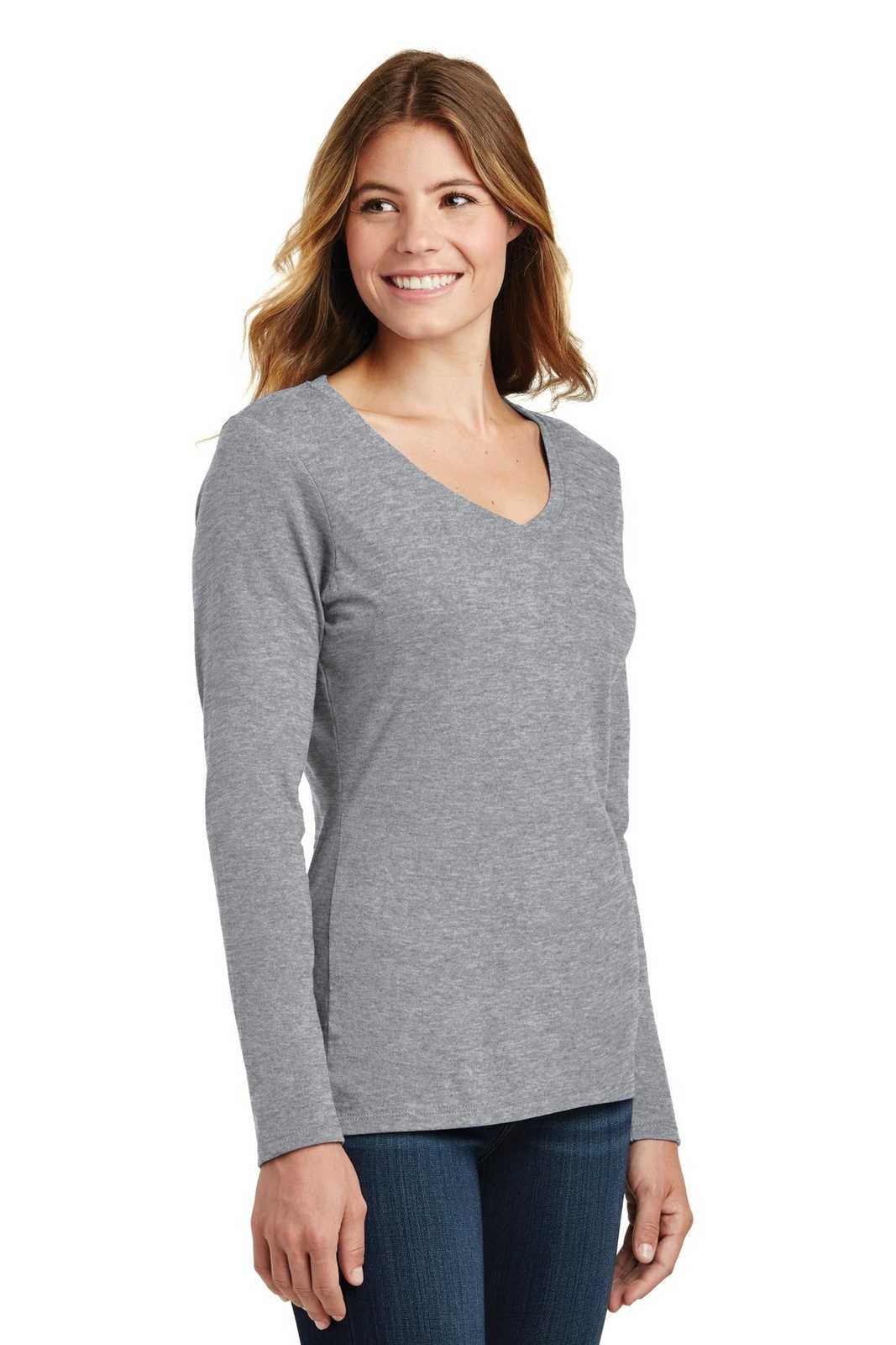 Port &amp; Company LPC450VLS Ladies Long Sleeve Fan Favorite V-Neck Tee - Athletic Heather - HIT a Double - 4