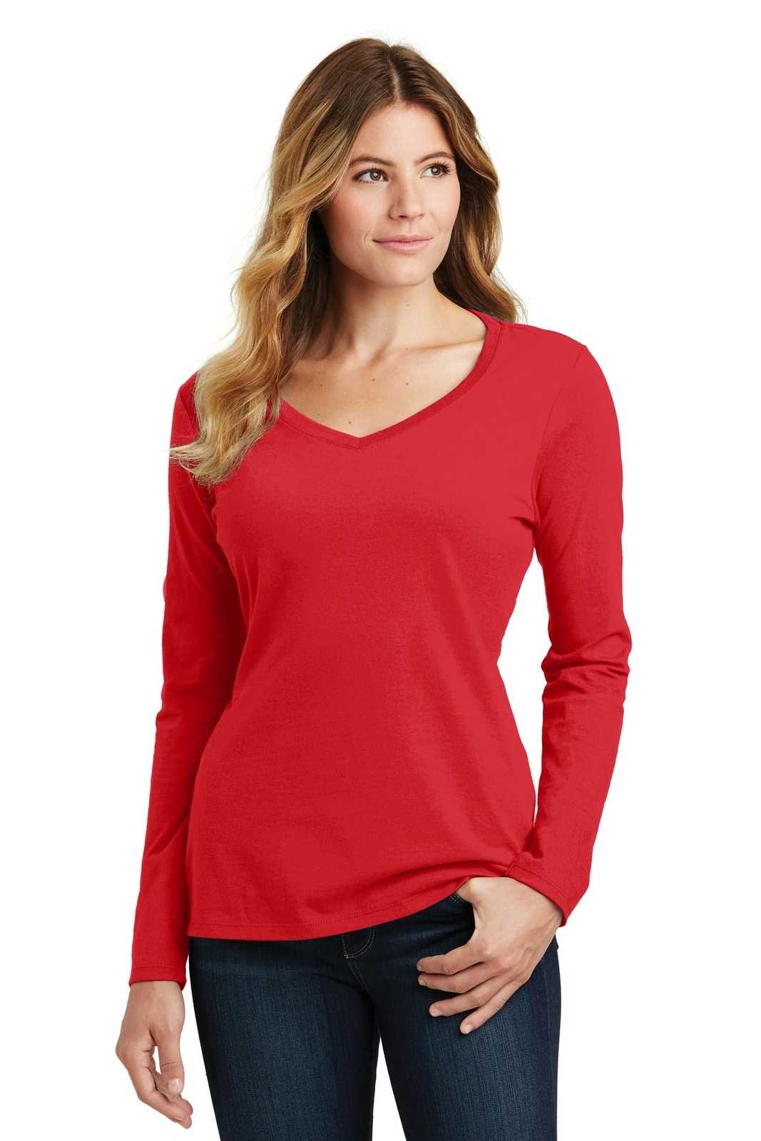Port &amp; Company LPC450VLS Ladies Long Sleeve Fan Favorite V-Neck Tee - Bright Red - HIT a Double - 1