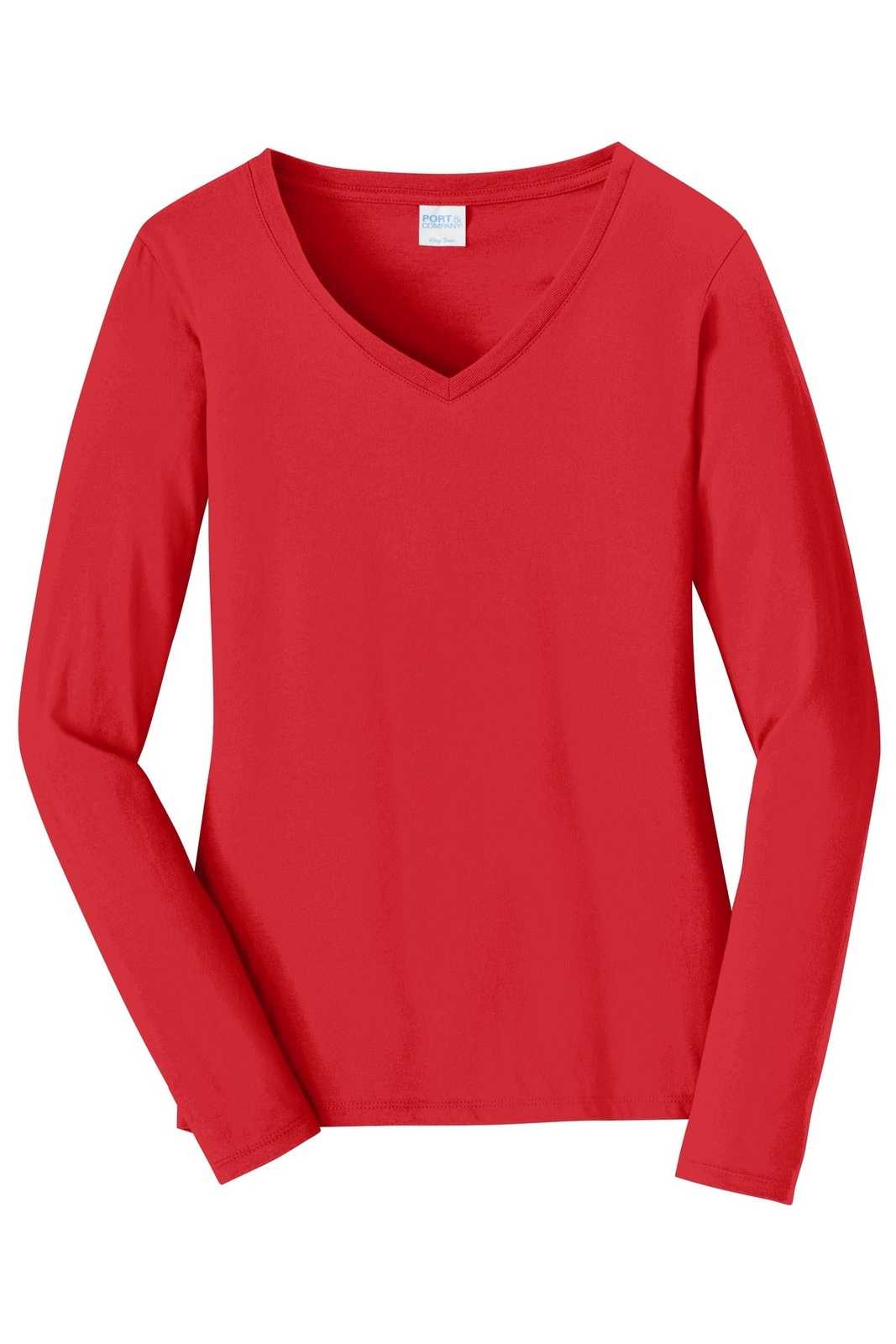 Port &amp; Company LPC450VLS Ladies Long Sleeve Fan Favorite V-Neck Tee - Bright Red - HIT a Double - 5