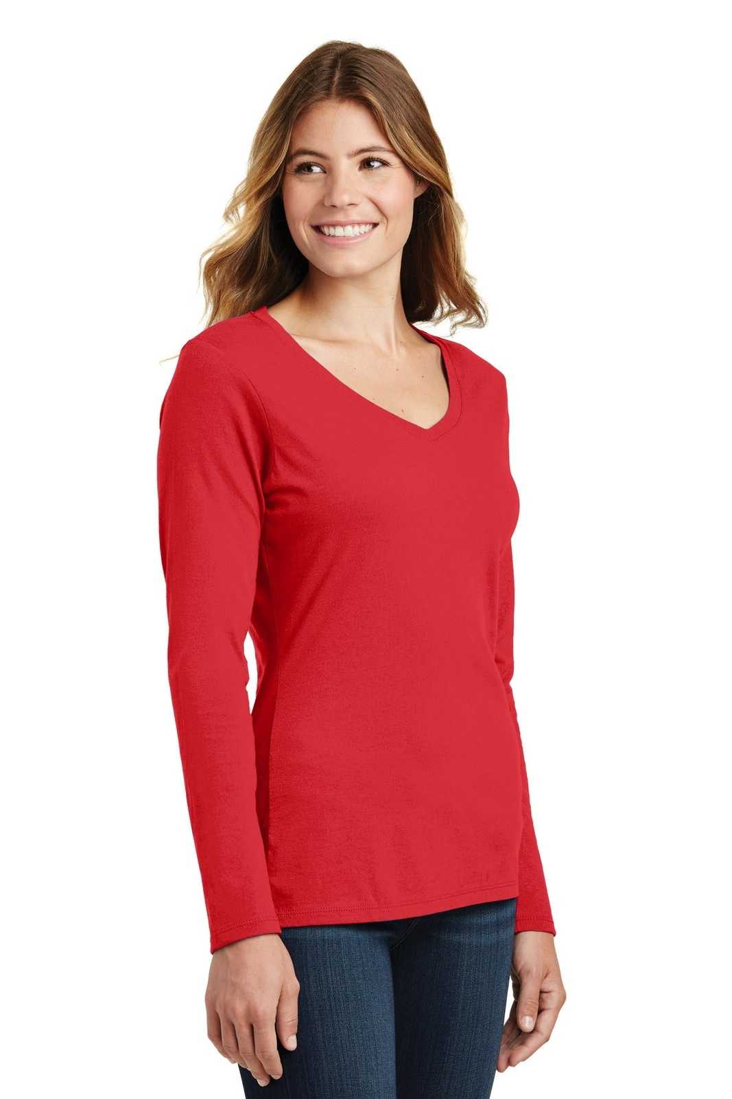 Port &amp; Company LPC450VLS Ladies Long Sleeve Fan Favorite V-Neck Tee - Bright Red - HIT a Double - 4