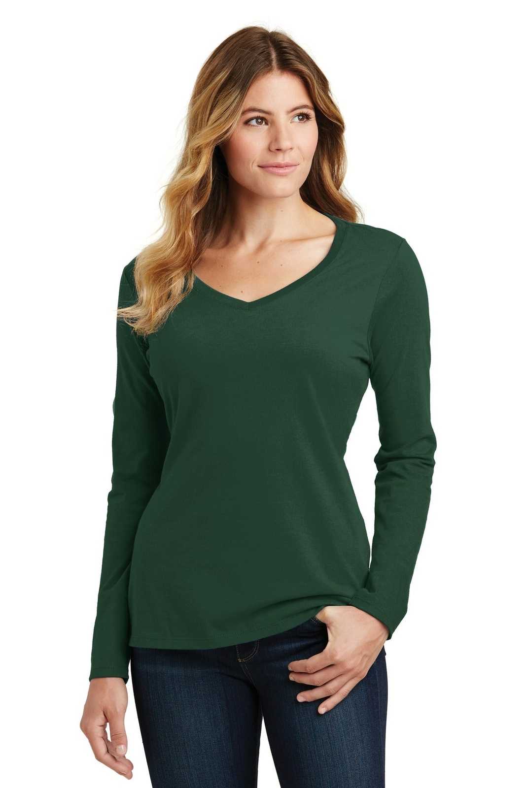 Port &amp; Company LPC450VLS Ladies Long Sleeve Fan Favorite V-Neck Tee - Forest Green - HIT a Double - 1