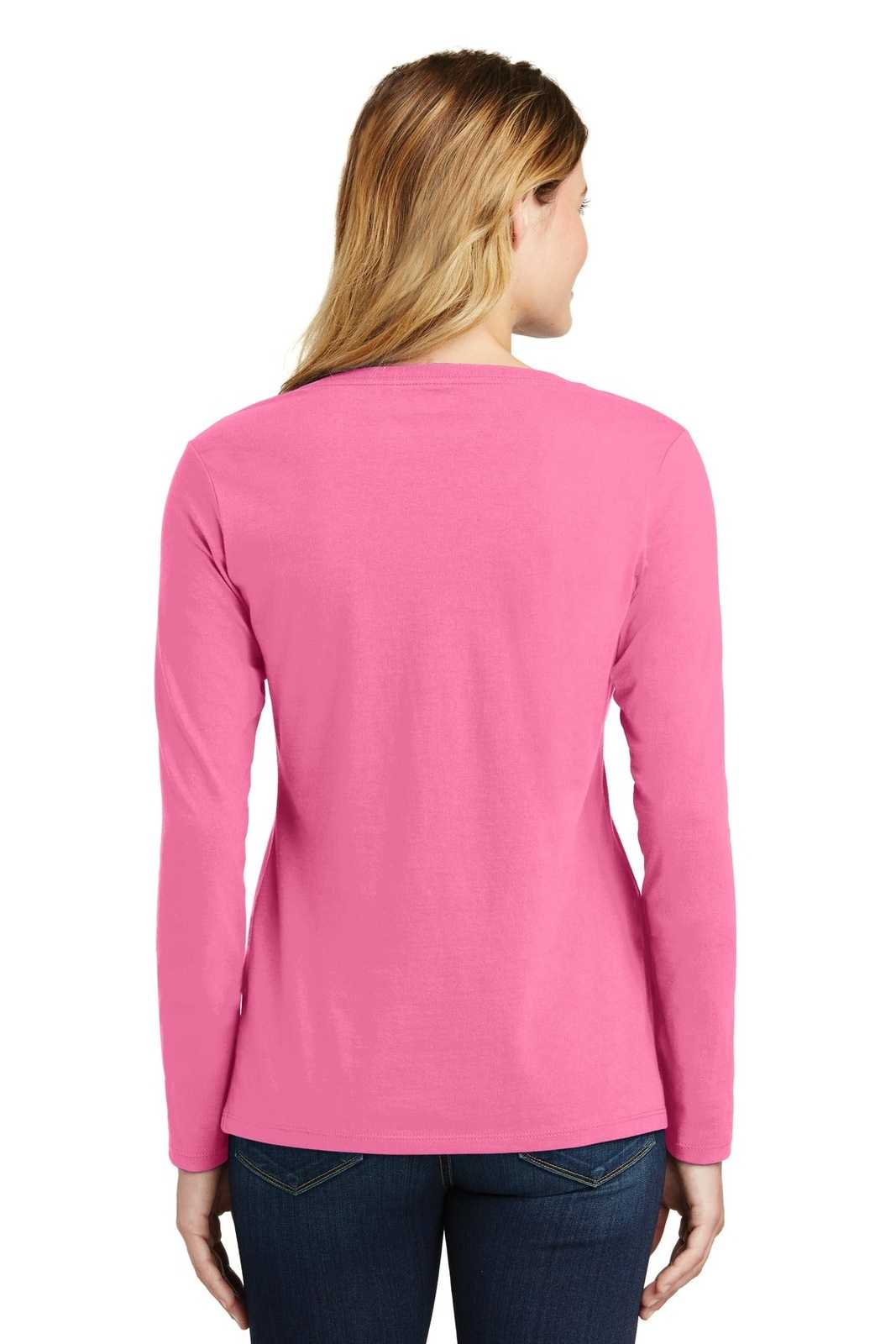 Port &amp; Company LPC450VLS Ladies Long Sleeve Fan Favorite V-Neck Tee - New Pink - HIT a Double - 2