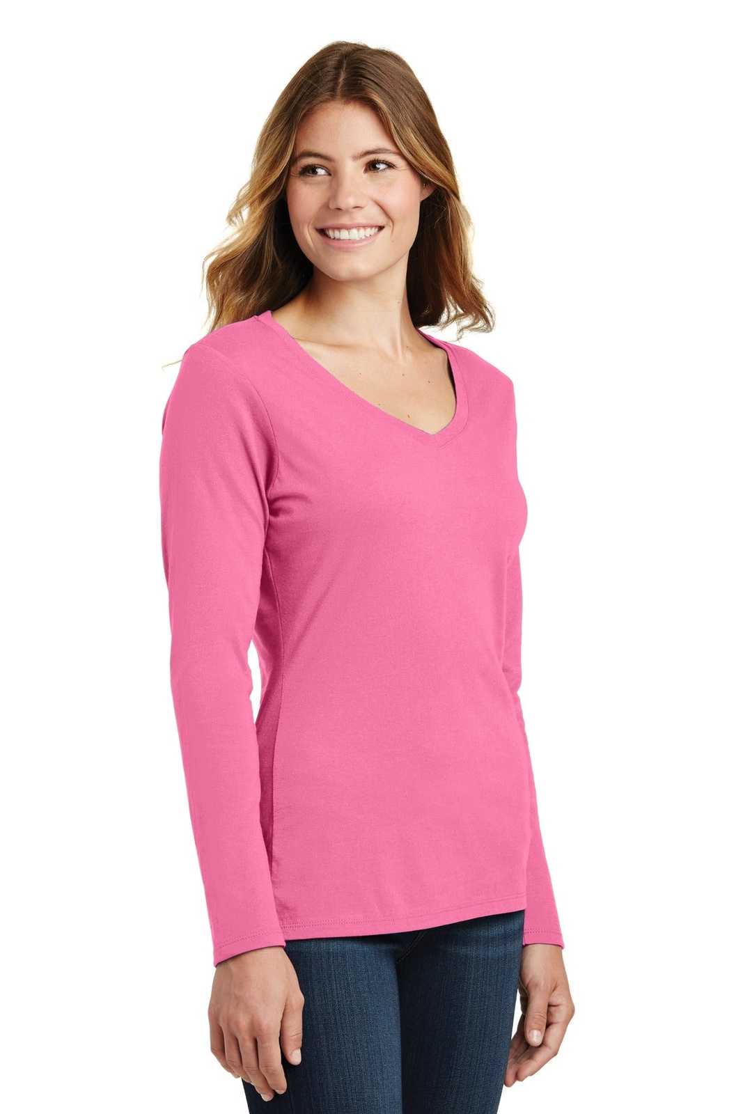 Port &amp; Company LPC450VLS Ladies Long Sleeve Fan Favorite V-Neck Tee - New Pink - HIT a Double - 4