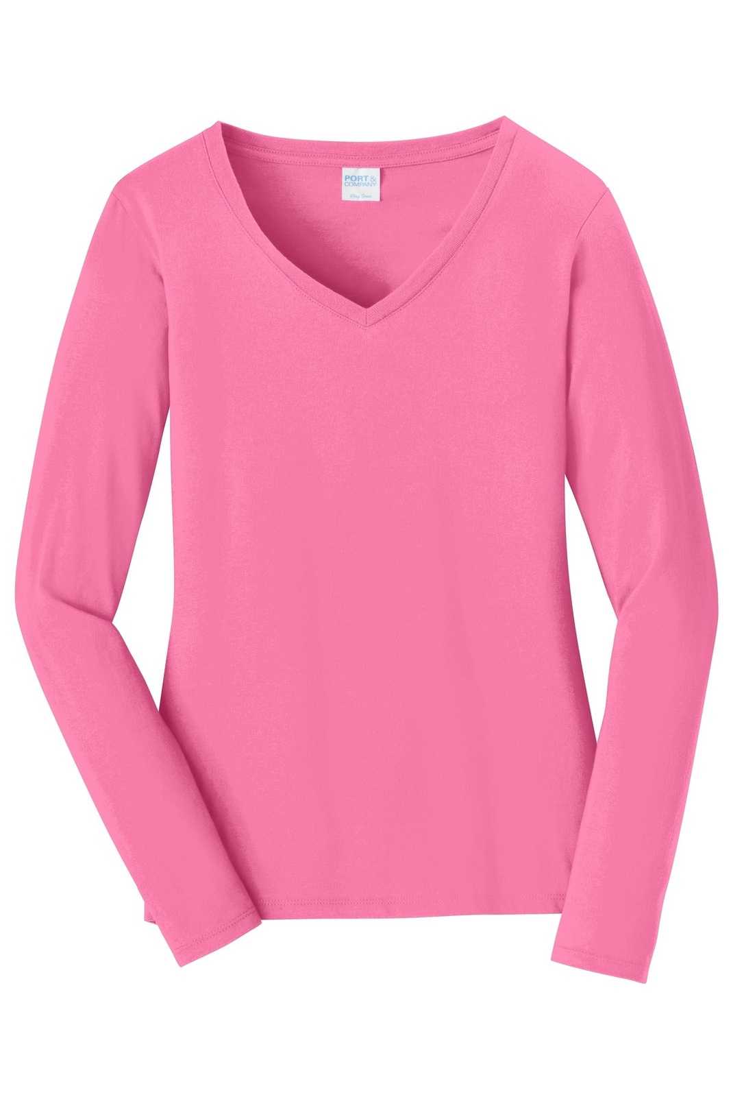 Port &amp; Company LPC450VLS Ladies Long Sleeve Fan Favorite V-Neck Tee - New Pink - HIT a Double - 5
