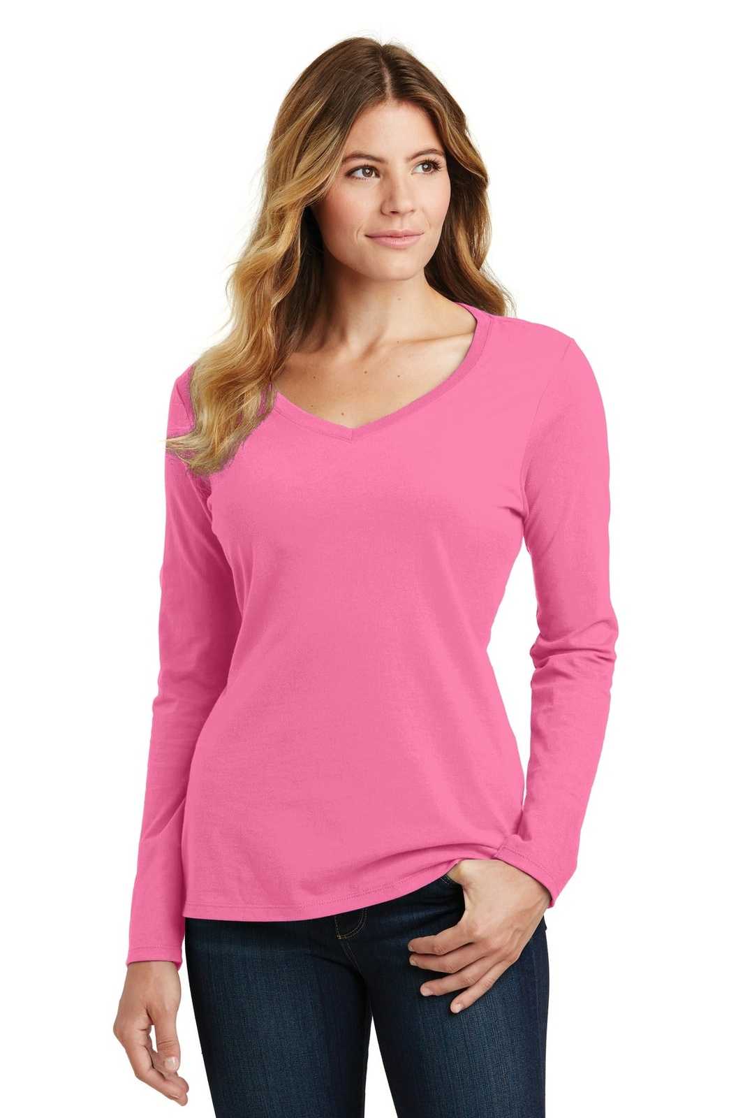 Port &amp; Company LPC450VLS Ladies Long Sleeve Fan Favorite V-Neck Tee - New Pink - HIT a Double - 1