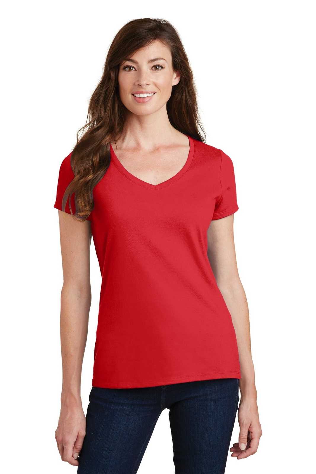 Port &amp; Company LPC450V Ladies Fan Favorite V-Neck Tee - Bright Red - HIT a Double - 1