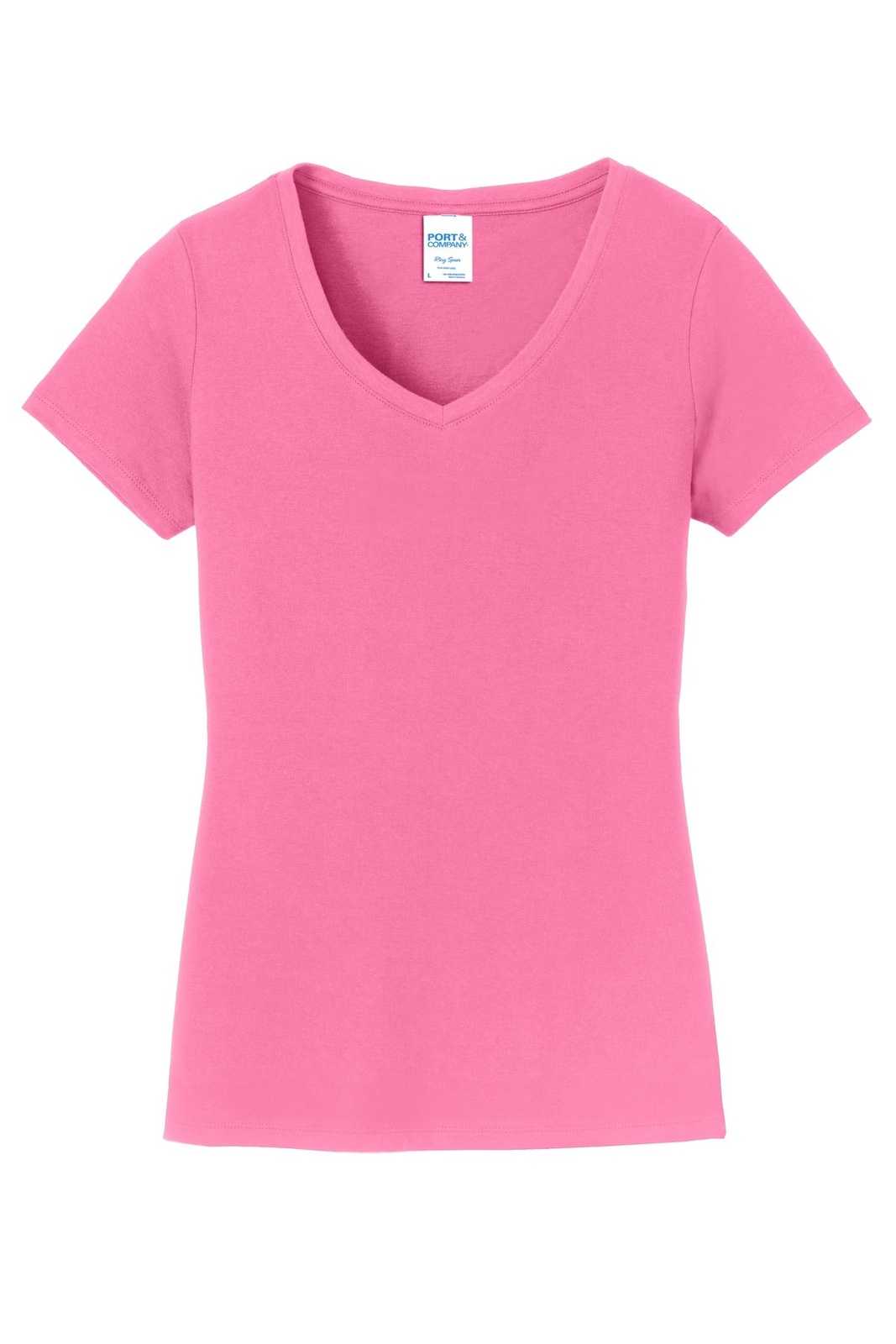 Port &amp; Company LPC450V Ladies Fan Favorite V-Neck Tee - New Pink - HIT a Double - 5