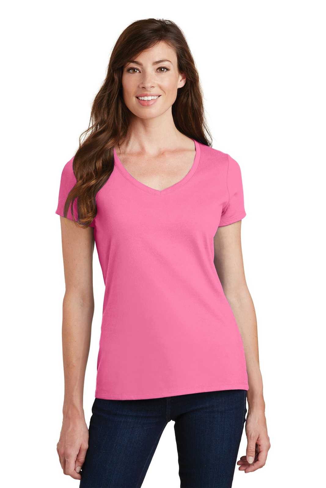 Port &amp; Company LPC450V Ladies Fan Favorite V-Neck Tee - New Pink - HIT a Double - 1