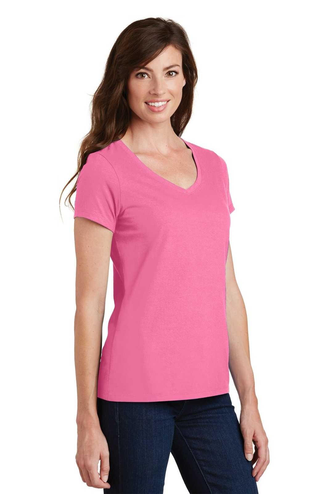 Port &amp; Company LPC450V Ladies Fan Favorite V-Neck Tee - New Pink - HIT a Double - 4