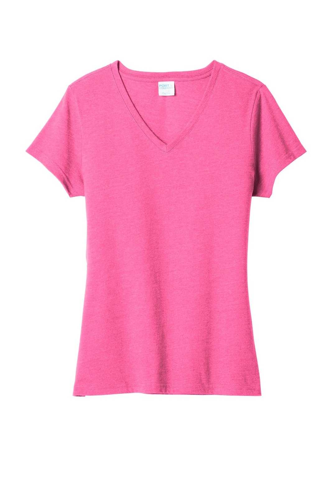 Port &amp; Company LPC455V Ladies Fan Favorite Blend V-Neck Tee - Neon Pink Heather - HIT a Double - 5