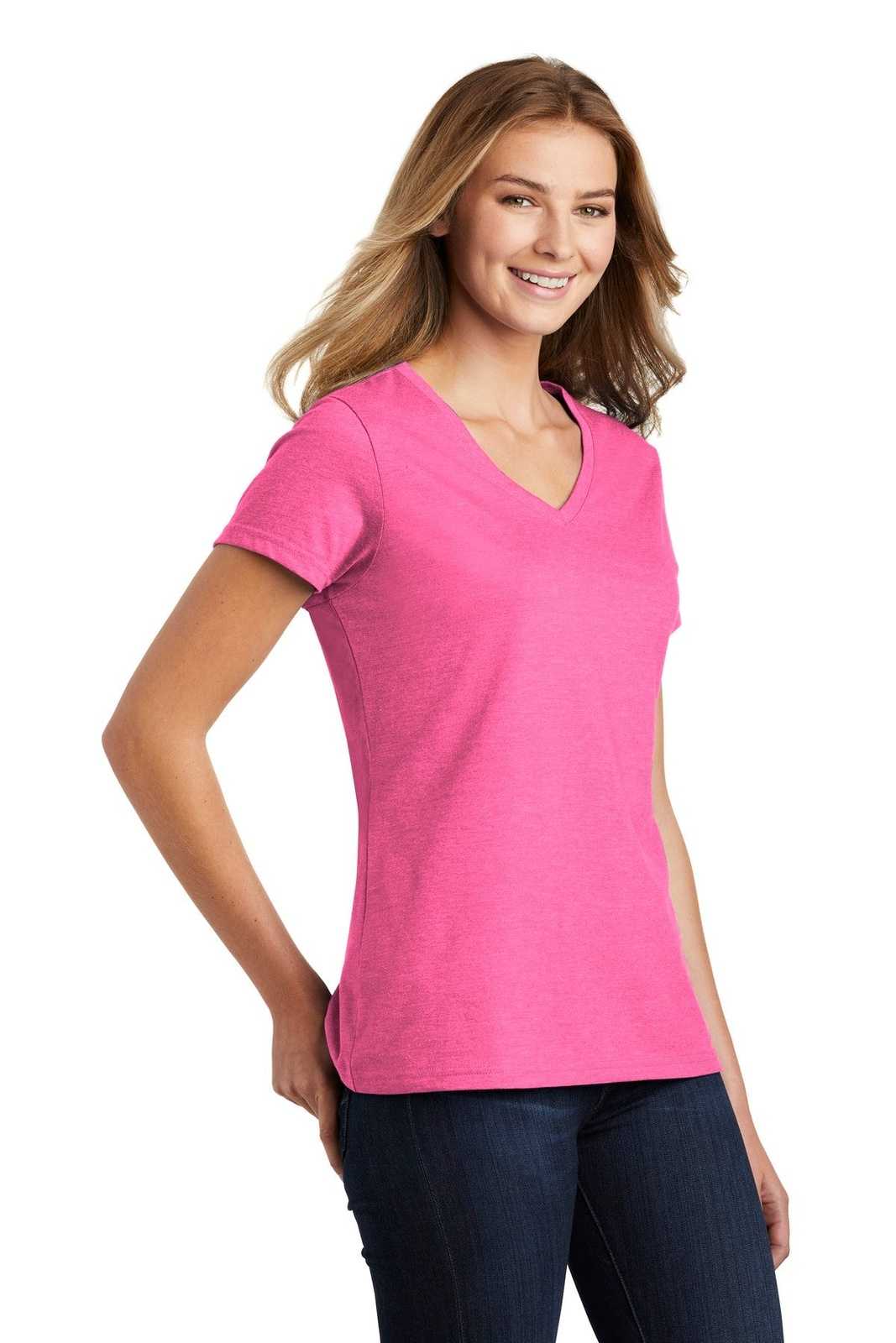 Port &amp; Company LPC455V Ladies Fan Favorite Blend V-Neck Tee - Neon Pink Heather - HIT a Double - 4