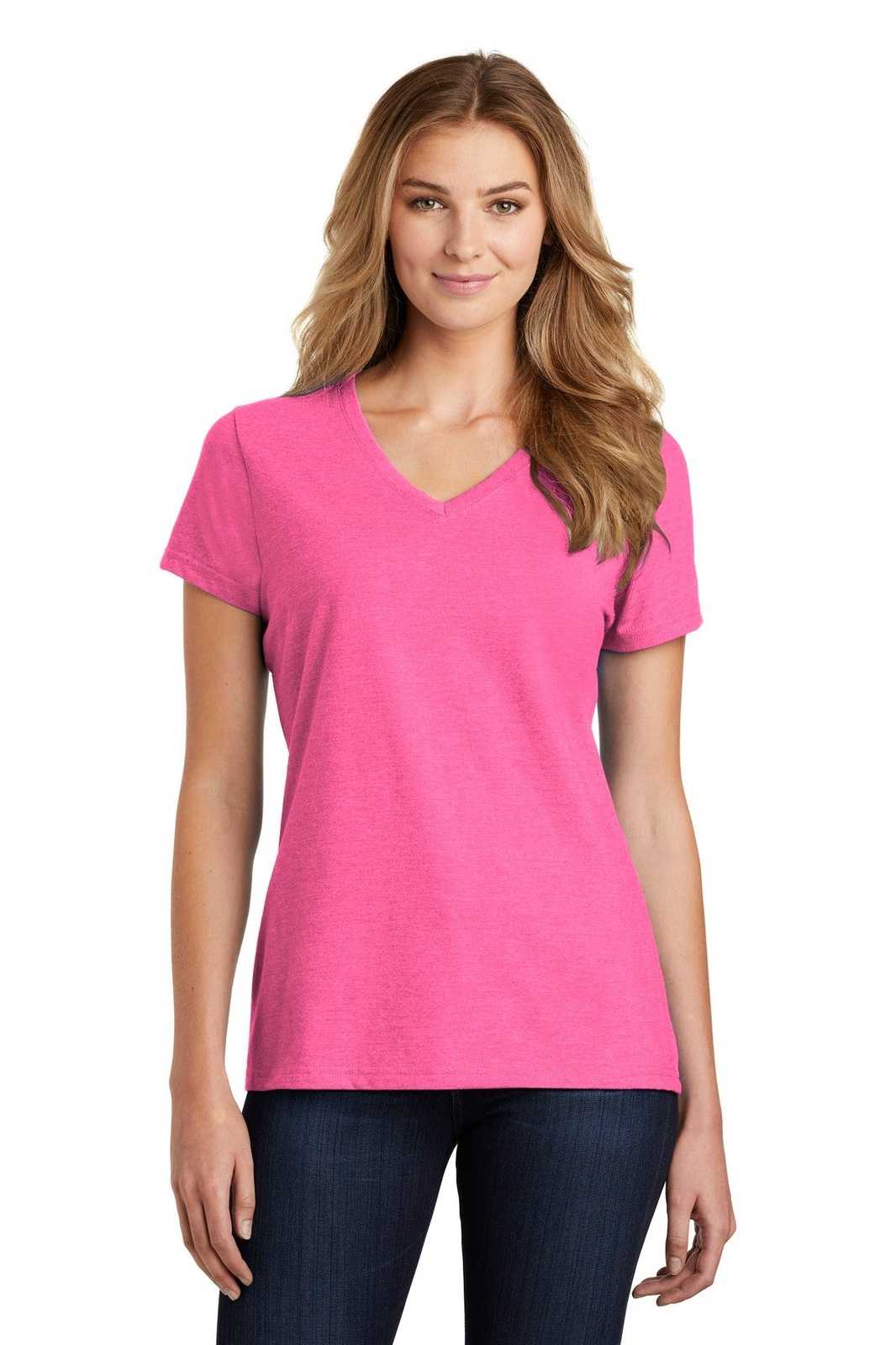 Port &amp; Company LPC455V Ladies Fan Favorite Blend V-Neck Tee - Neon Pink Heather - HIT a Double - 1