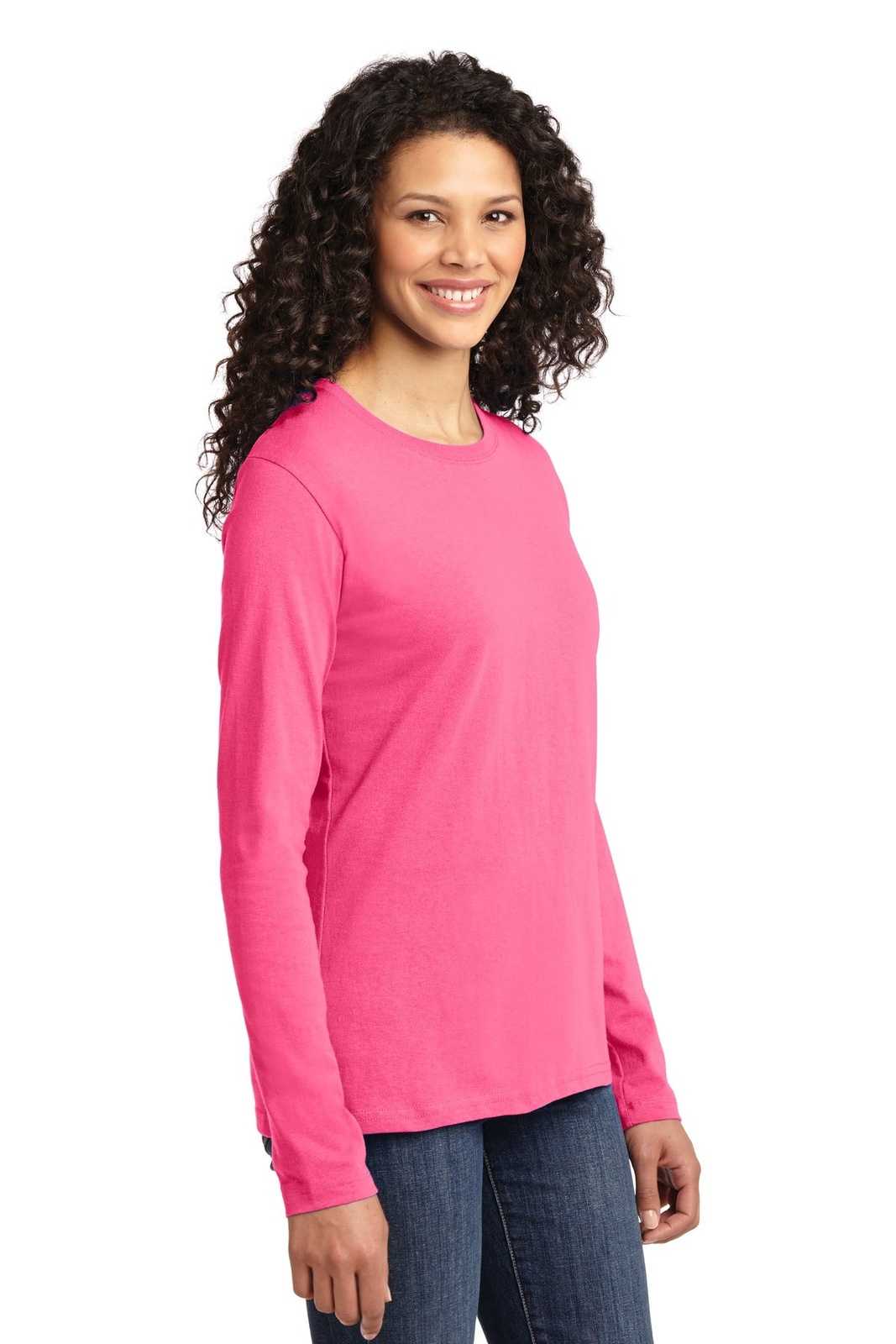 Port &amp; Company LPC54LS Ladies Long Sleeve Core Cotton Tee - Neon Pink - HIT a Double - 4