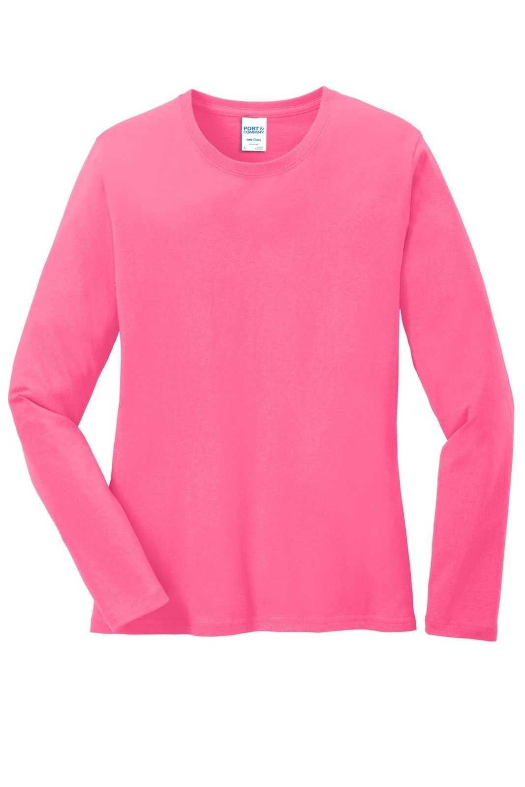 Port &amp; Company LPC54LS Ladies Long Sleeve Core Cotton Tee - Neon Pink - HIT a Double - 5