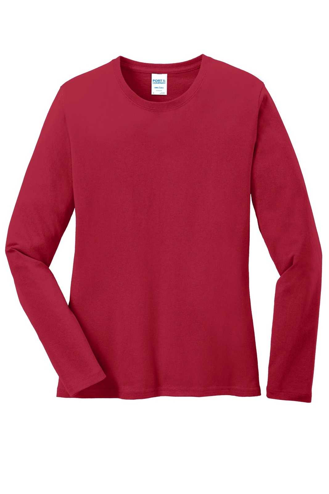 Port &amp; Company LPC54LS Ladies Long Sleeve Core Cotton Tee - Red - HIT a Double - 5