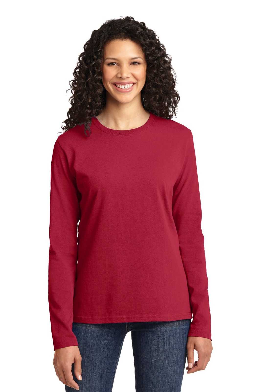 Port &amp; Company LPC54LS Ladies Long Sleeve Core Cotton Tee - Red - HIT a Double - 1