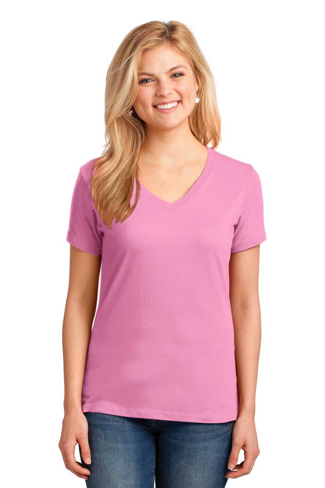 Port &amp; Company LPC54V Ladies Core Cotton V-Neck Tee - Candy Pink - HIT a Double - 1
