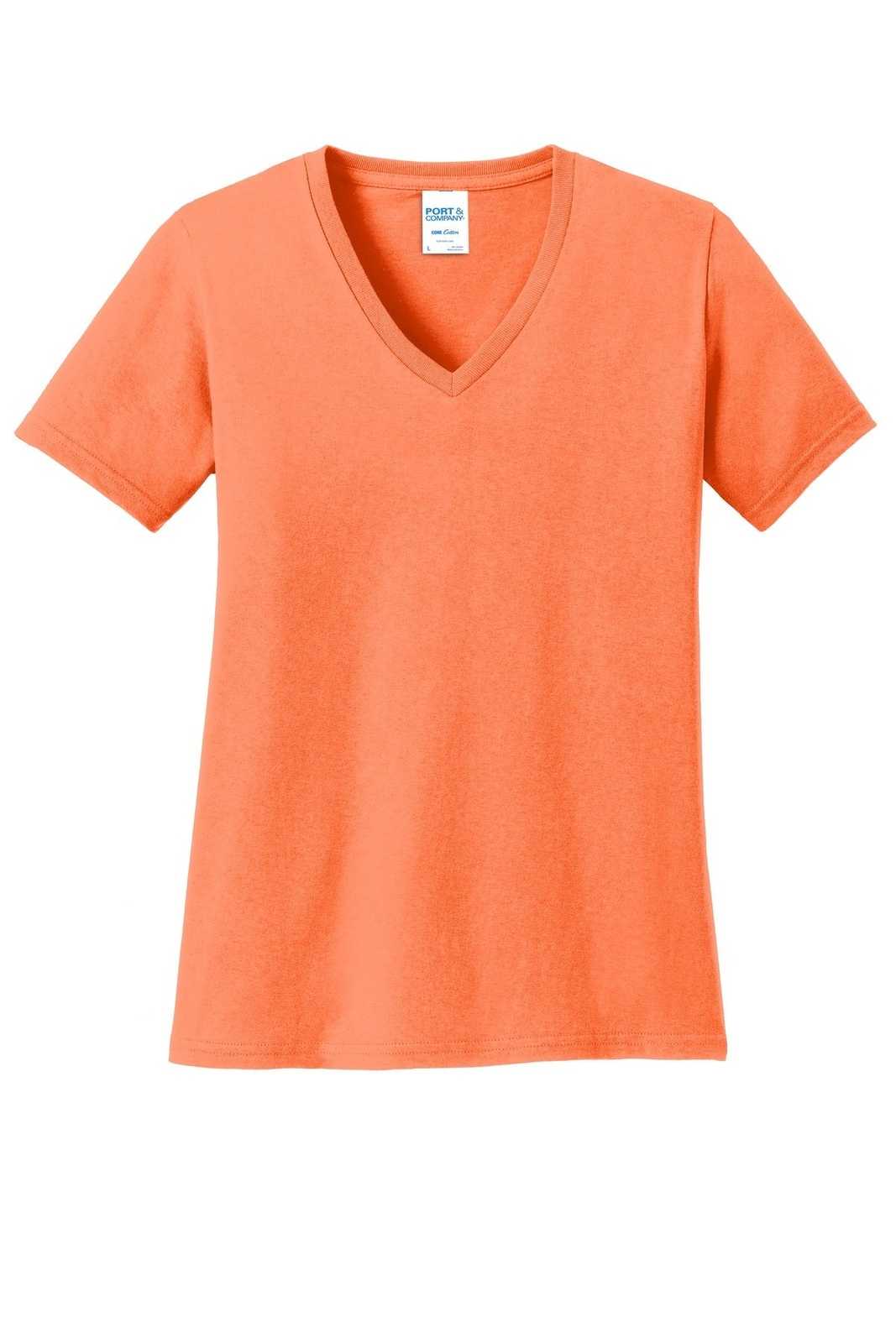 Port &amp; Company LPC54V Ladies Core Cotton V-Neck Tee - Neon Orange - HIT a Double - 5