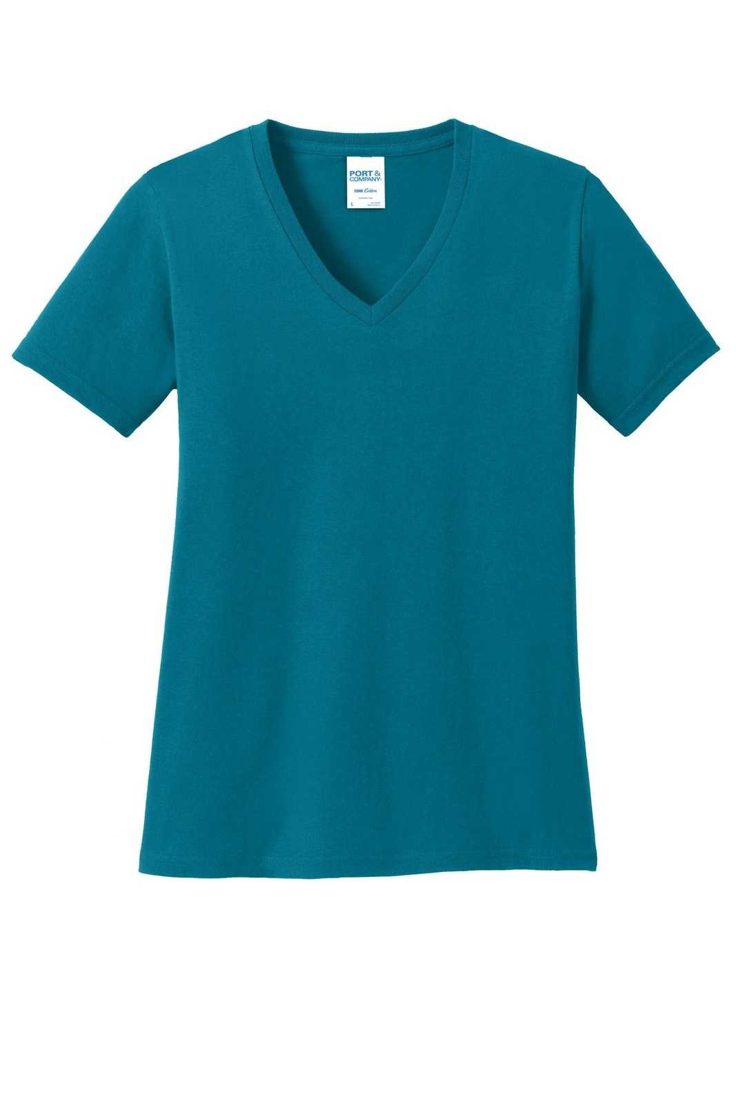 Port &amp; Company LPC54V Ladies Core Cotton V-Neck Tee - Teal - HIT a Double - 5