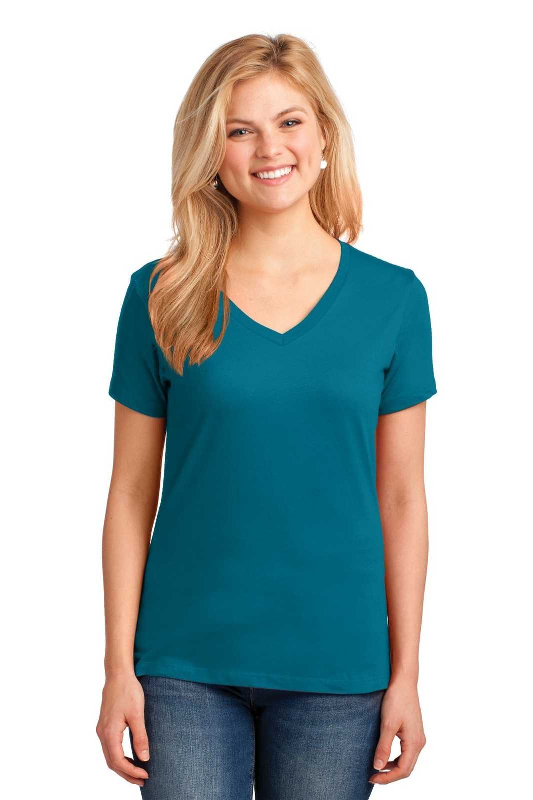 Port &amp; Company LPC54V Ladies Core Cotton V-Neck Tee - Teal - HIT a Double - 1