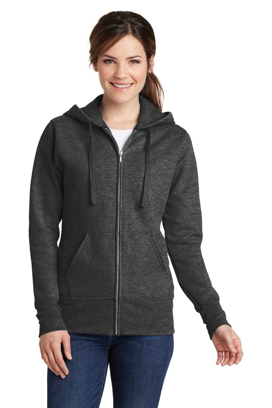 Port &amp; Company LPC78ZH Ladies Core Fleece Full-Zip Hooded Sweatshirt - Dark Heather Gray - HIT a Double - 1