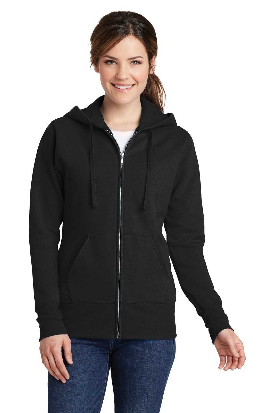 Port &amp; Company LPC78ZH Ladies Core Fleece Full-Zip Hooded Sweatshirt - Jet Black - HIT a Double - 1