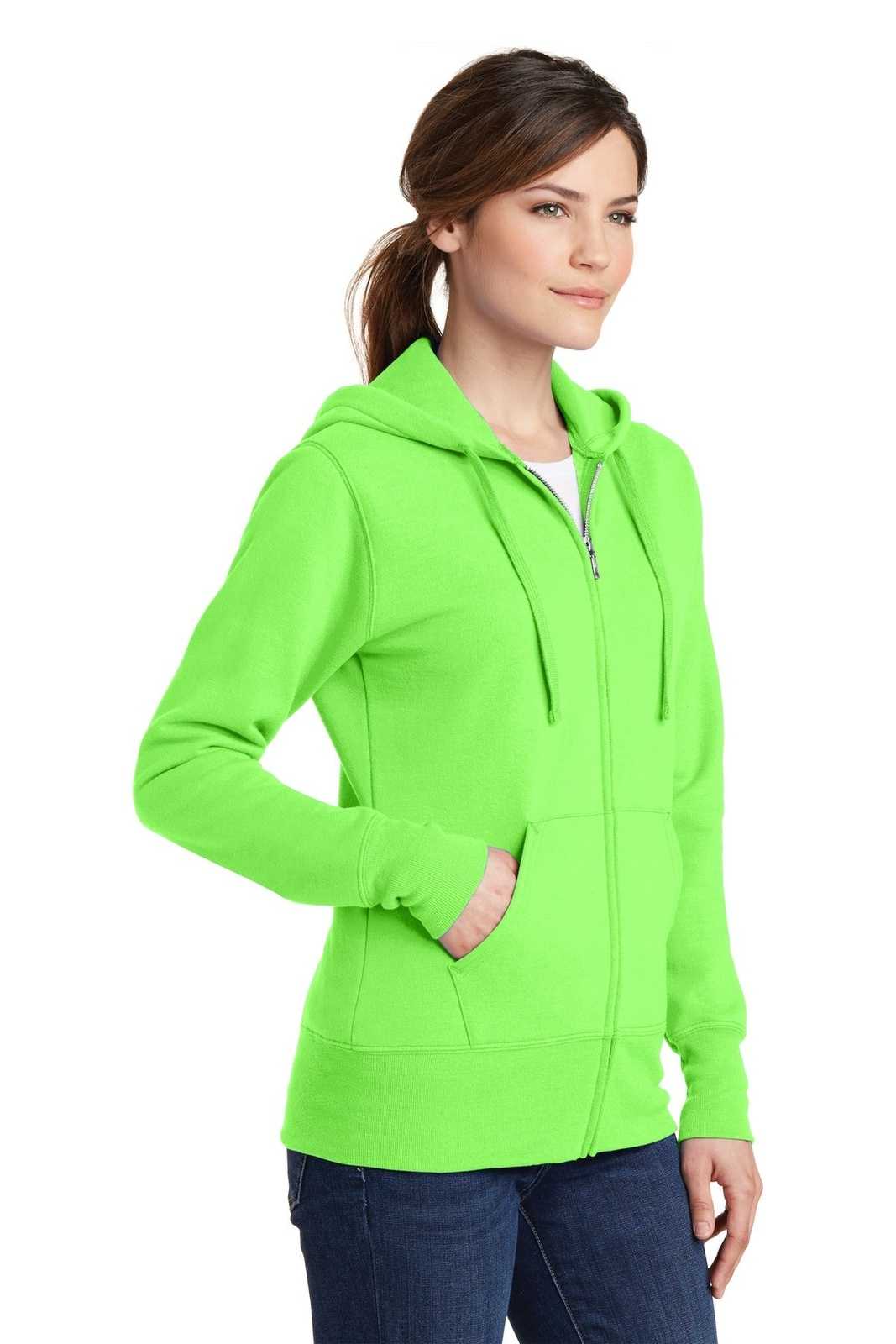 Port &amp; Company LPC78ZH Ladies Core Fleece Full-Zip Hooded Sweatshirt - Neon Green - HIT a Double - 4