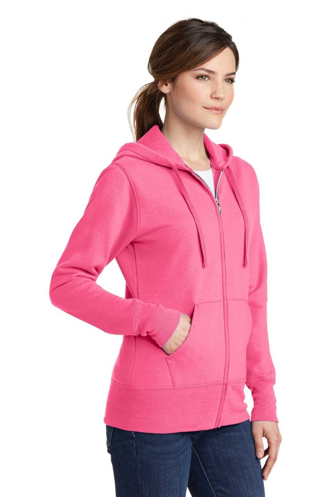 Port &amp; Company LPC78ZH Ladies Core Fleece Full-Zip Hooded Sweatshirt - Neon Pink - HIT a Double - 4