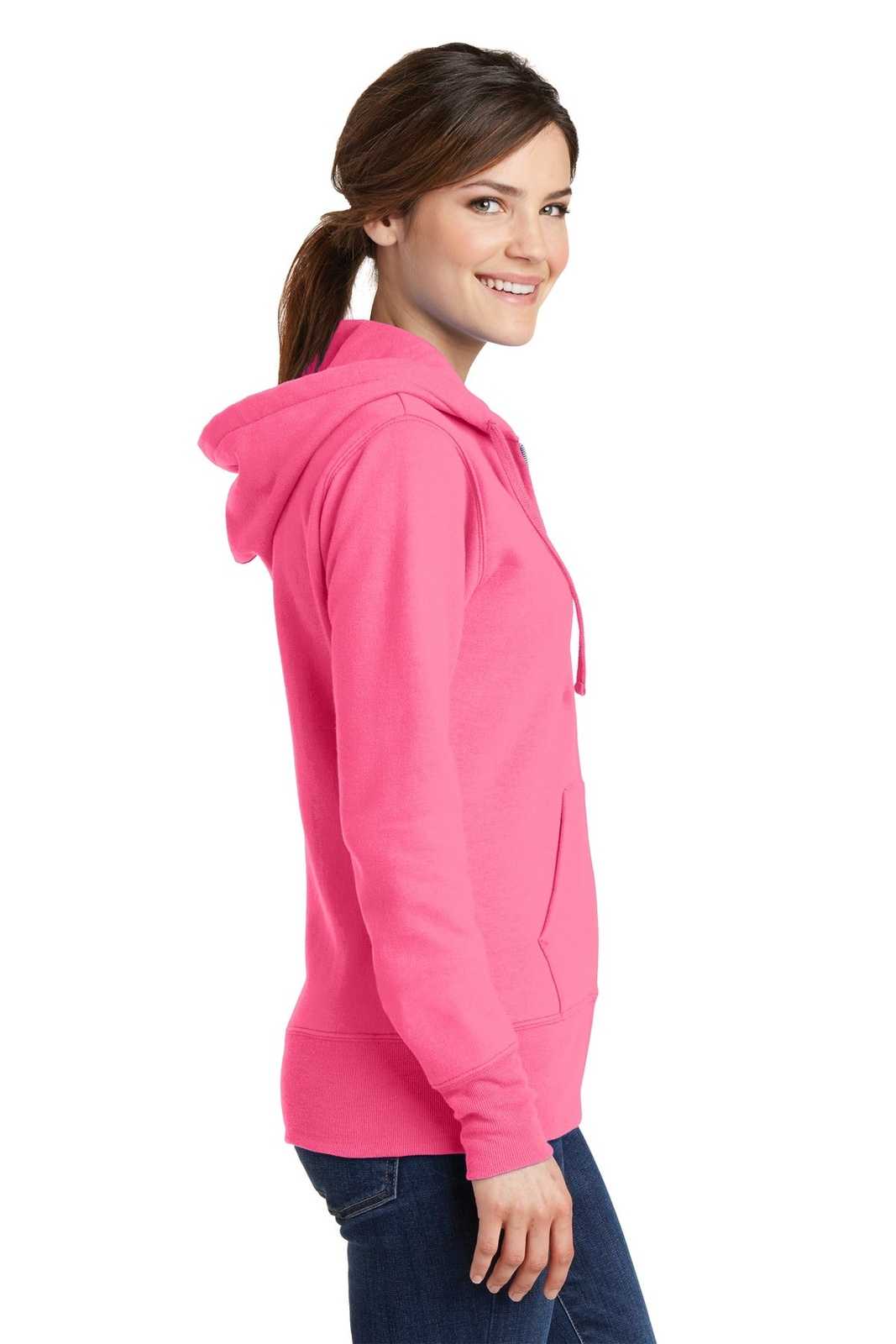 Port &amp; Company LPC78ZH Ladies Core Fleece Full-Zip Hooded Sweatshirt - Neon Pink - HIT a Double - 3