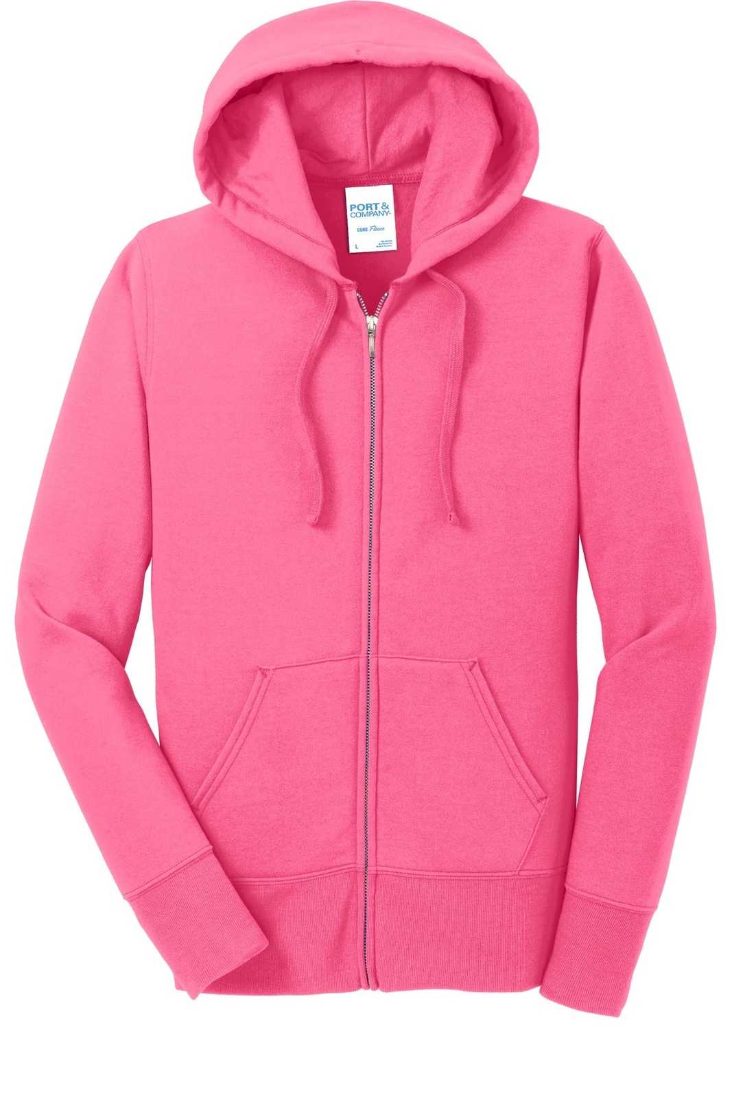 Port &amp; Company LPC78ZH Ladies Core Fleece Full-Zip Hooded Sweatshirt - Neon Pink - HIT a Double - 5