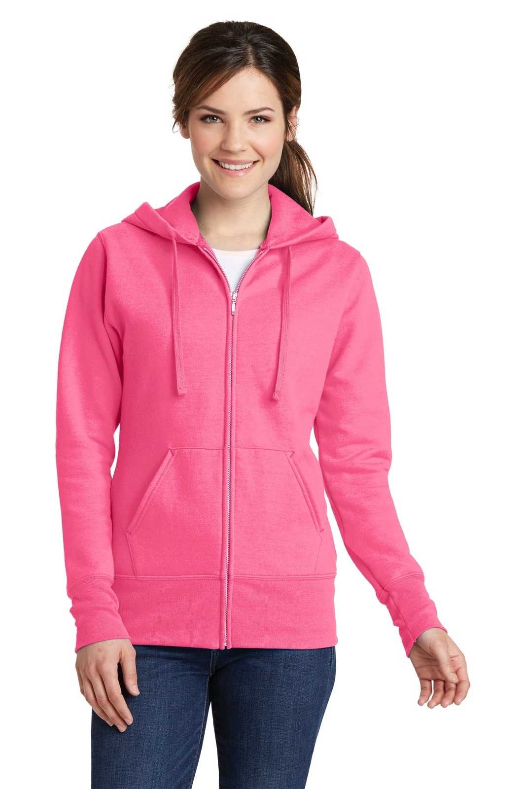 Port &amp; Company LPC78ZH Ladies Core Fleece Full-Zip Hooded Sweatshirt - Neon Pink - HIT a Double - 1