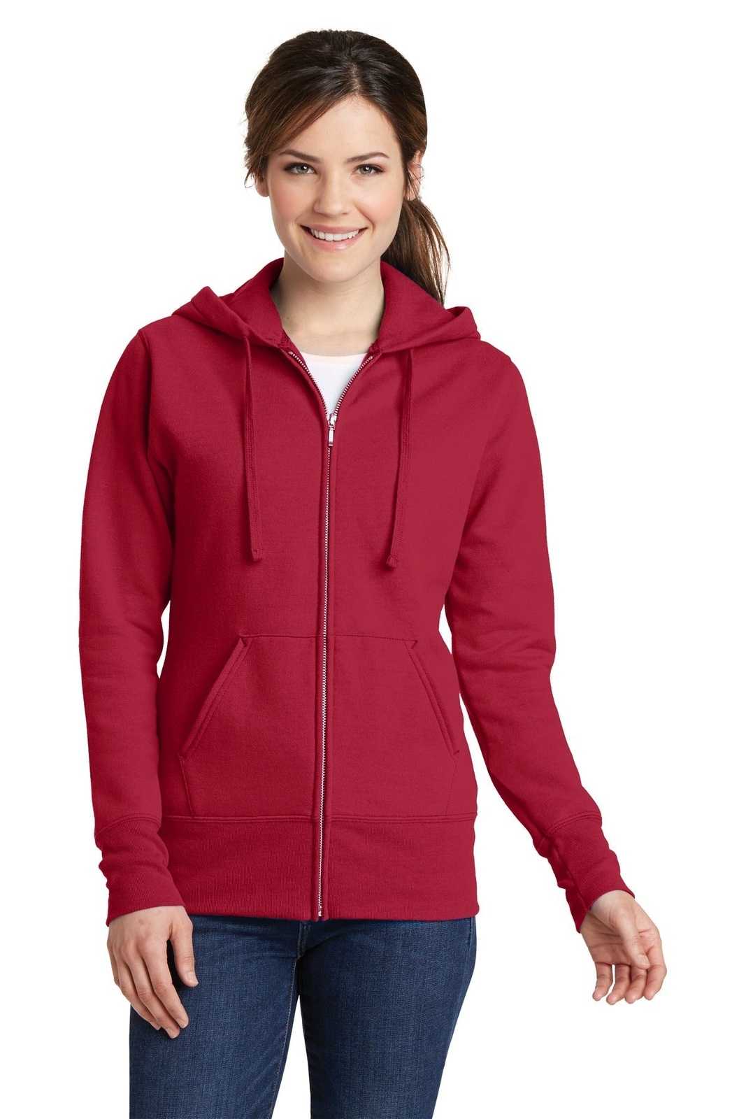 Port &amp; Company LPC78ZH Ladies Core Fleece Full-Zip Hooded Sweatshirt - Red - HIT a Double - 1