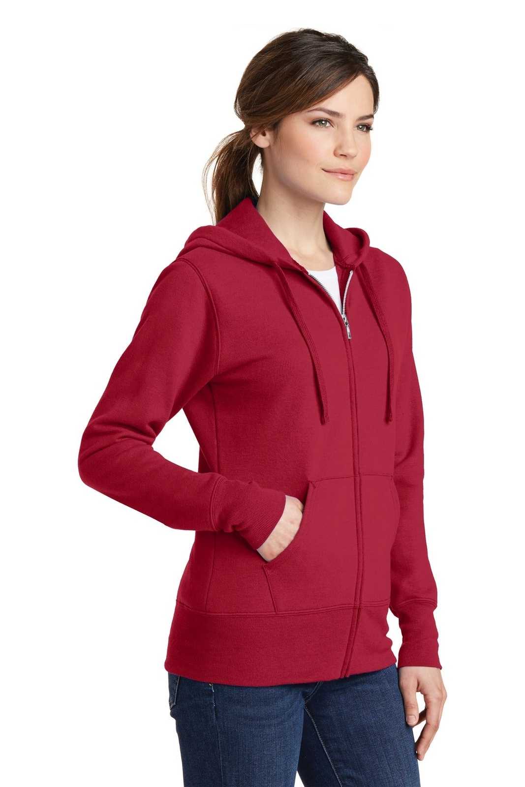 Port &amp; Company LPC78ZH Ladies Core Fleece Full-Zip Hooded Sweatshirt - Red - HIT a Double - 4