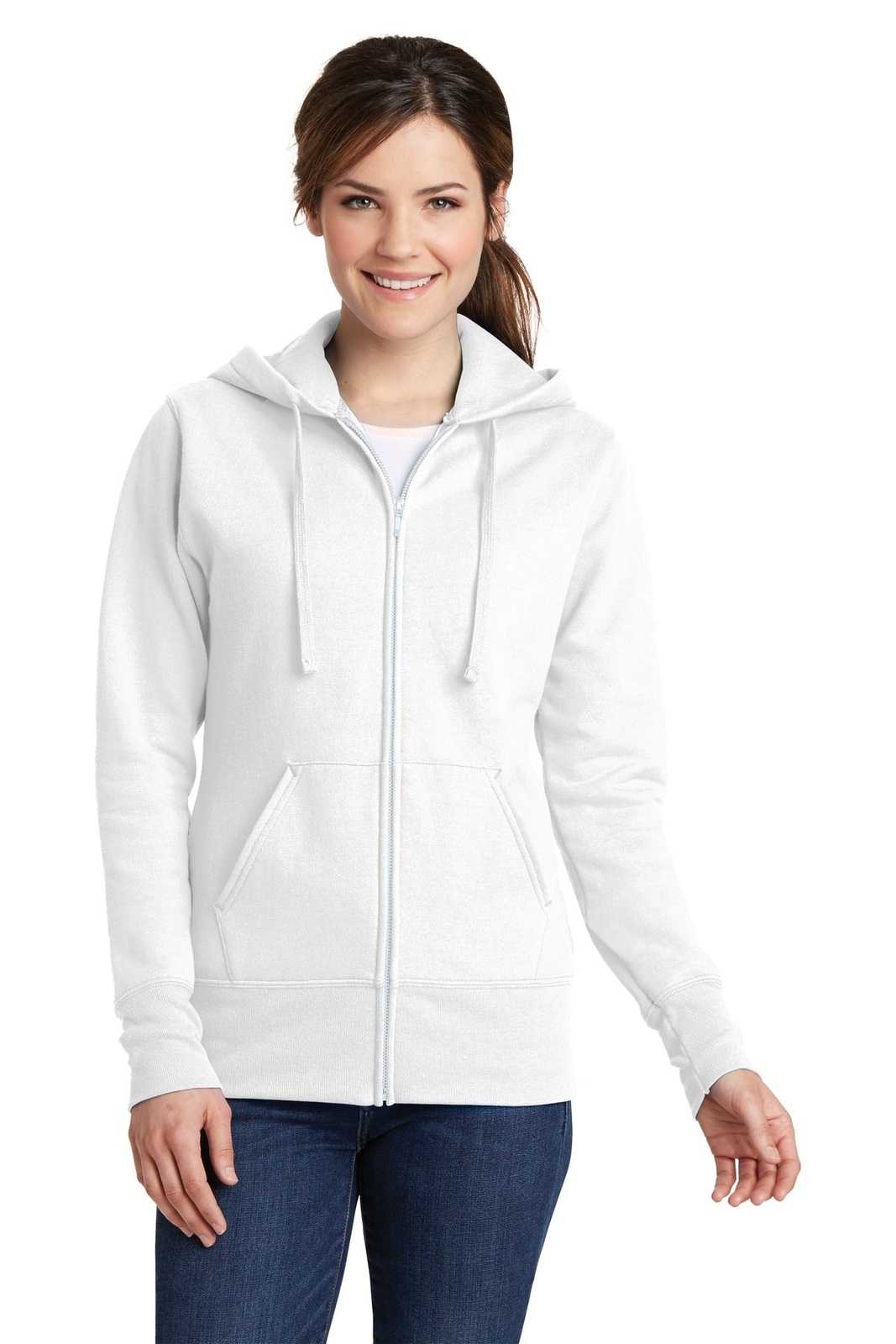 Port &amp; Company LPC78ZH Ladies Core Fleece Full-Zip Hooded Sweatshirt - White - HIT a Double - 1