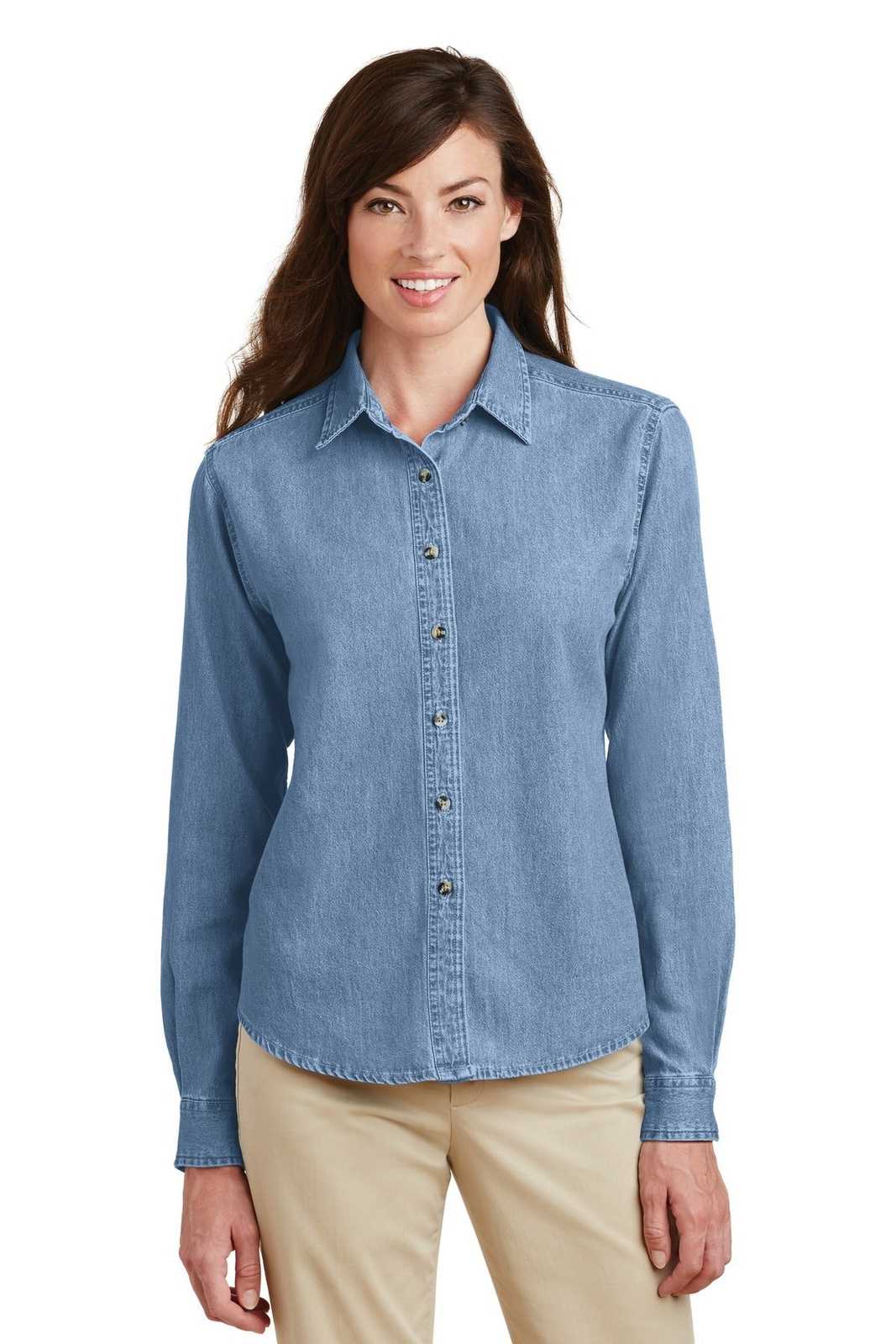 Port &amp; Company LSP10 Ladies Long Sleeve Value Denim Shirt - Faded Blue - HIT a Double - 1