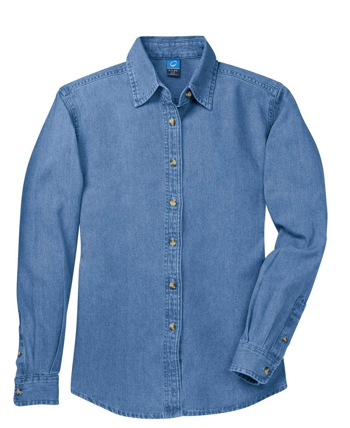Port &amp; Company LSP10 Ladies Long Sleeve Value Denim Shirt - Faded Blue - HIT a Double - 5